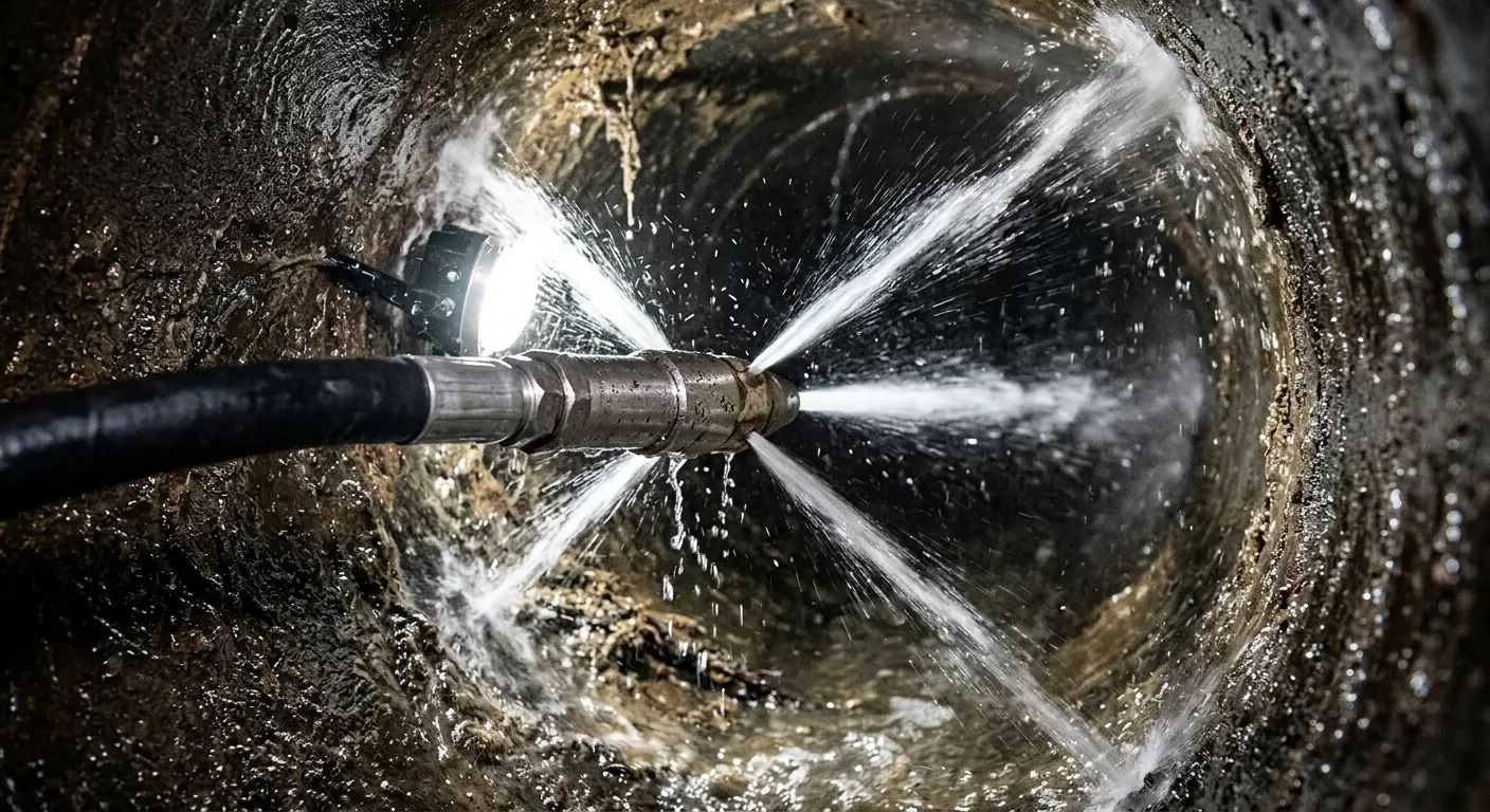 High-pressure hydro jetting nozzle cleaning sewer pipe for Emergency Drain Service in Port Jervis