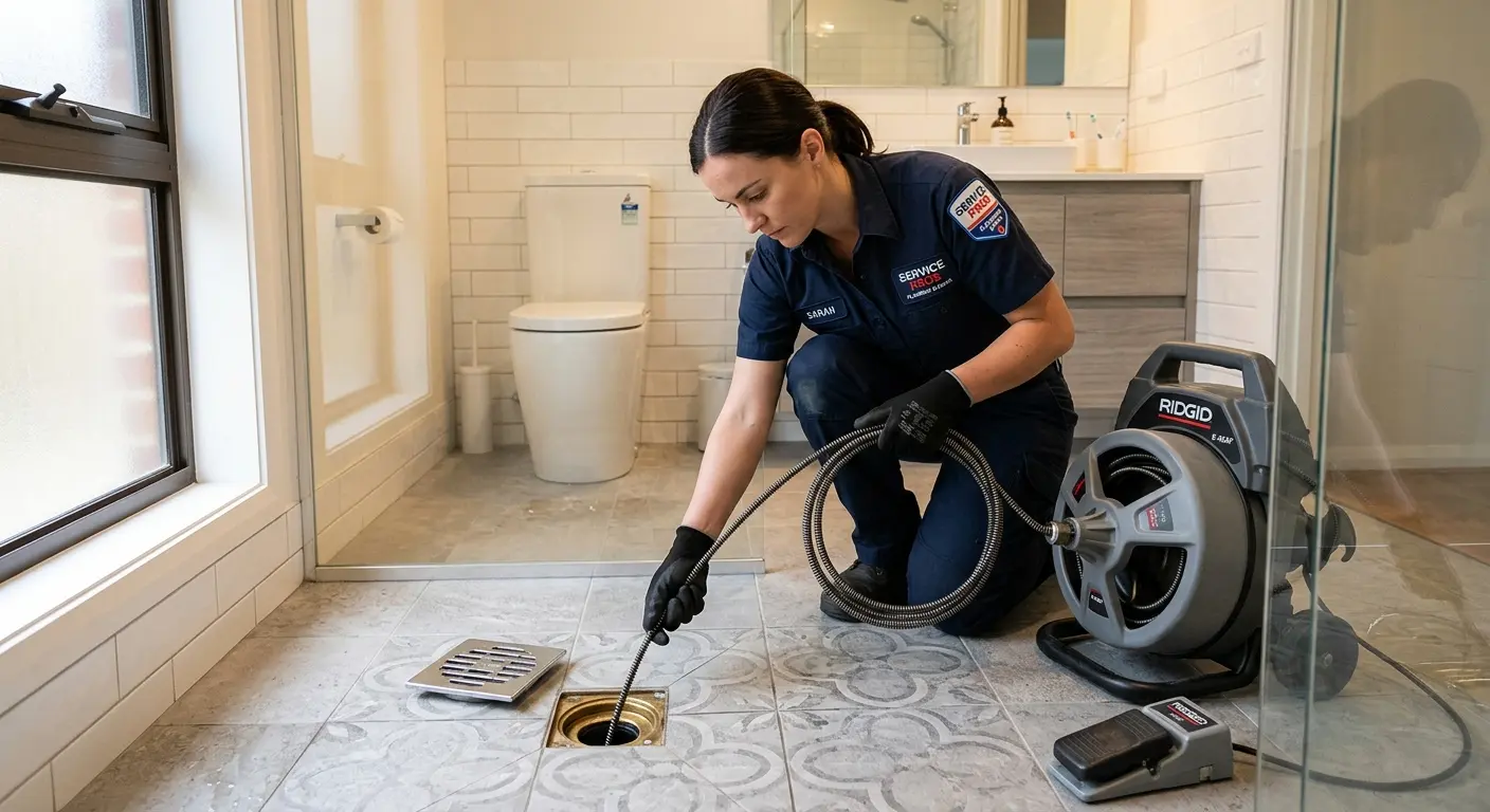 Technician clearing a bathroom floor drain for Drain Repair in Port Jervis